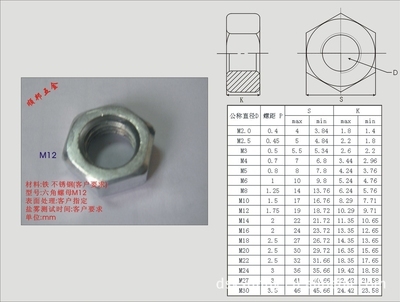 【六角螺母M12 不锈钢螺母 铁螺母 4.8级螺母 8.8级螺母 12.9级螺母】价格,厂家,图片,螺母,深圳市顺邦五金制品销售部-
